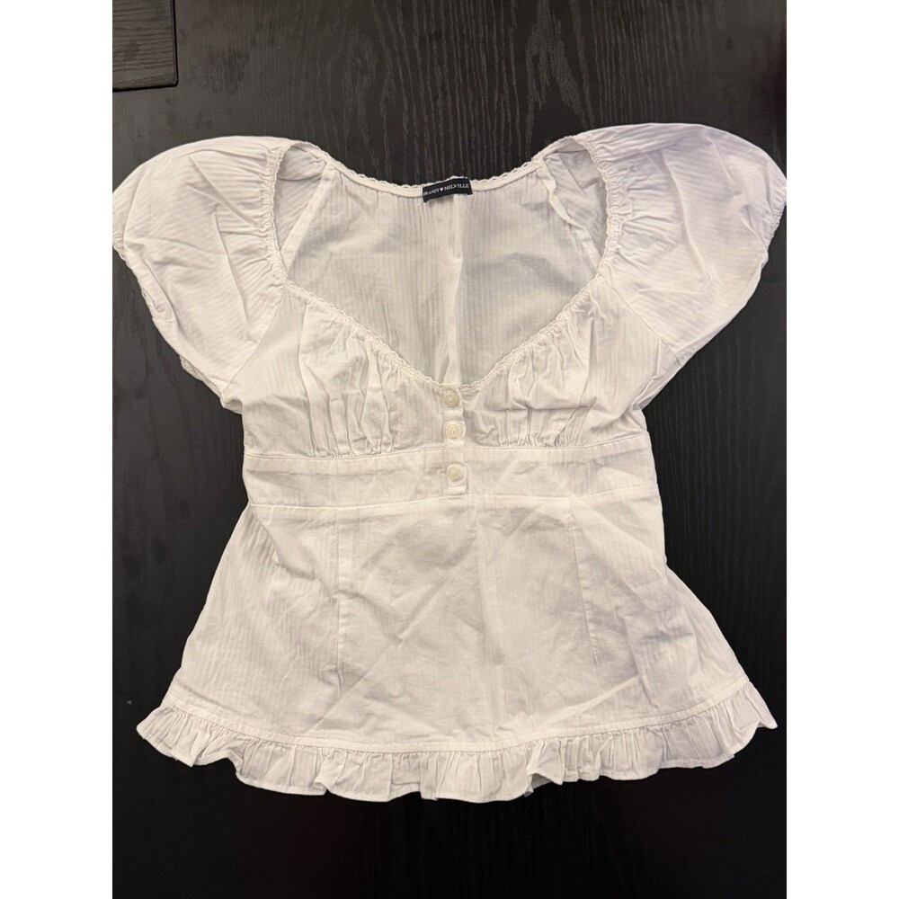 Brandy Melville, White Puff Sleeve V-Neck Babydoll Blouse, Peplum, One Size, EUC